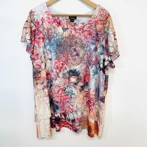 Simply Emma Top Woman 2X Lace Tiered Beaded Pink Floral Sheer Fairy Flowy Boho